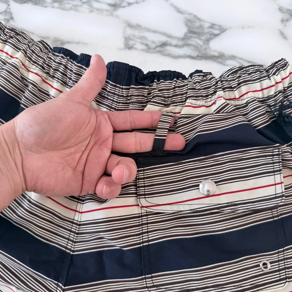 Prada UB378 Men's Medium Navy Blue White striped technical fabric swim trunks